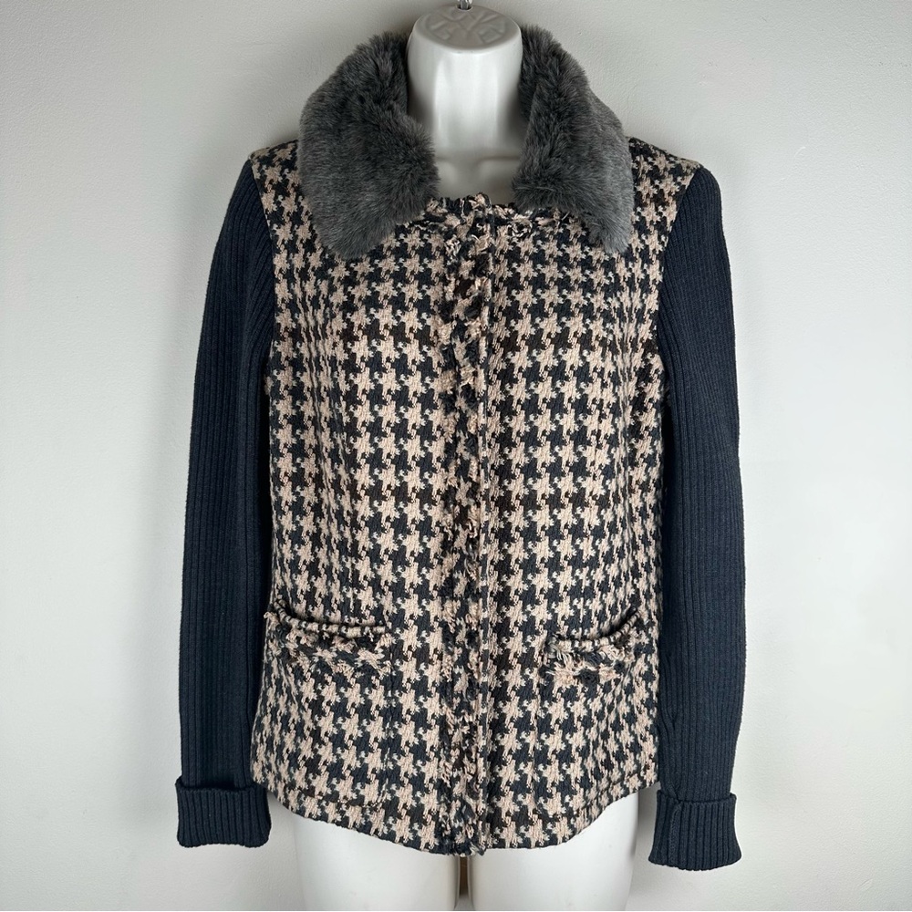 Vintage Cabi Houndstooth Sweater Cardigan w/Removable Fur Collar Frayed 4